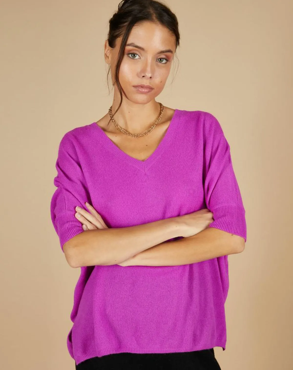 Cashmere Tribu Pulls|Pull poncho 100% Cachemire Kelly col V manches courtes violet fluo