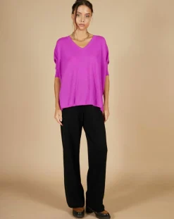 Cashmere Tribu Pulls|Pull poncho 100% Cachemire Kelly col V manches courtes violet fluo