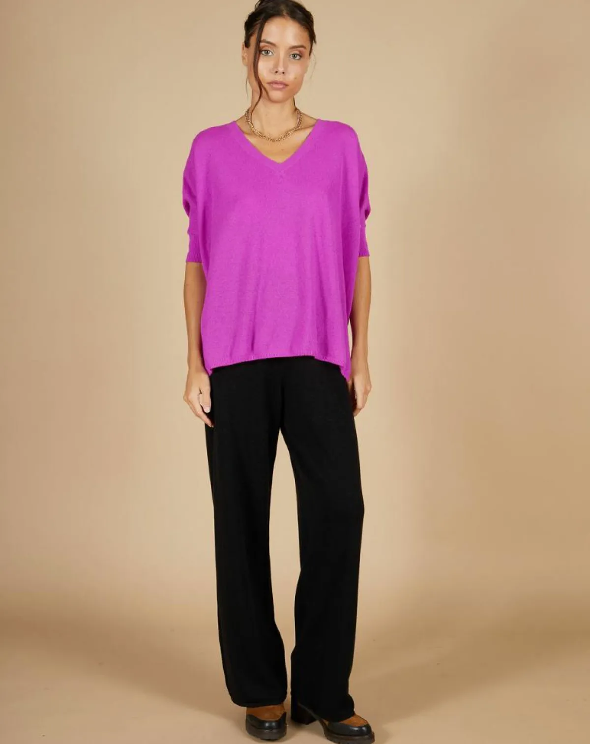 Cashmere Tribu Pulls|Pull poncho 100% Cachemire Kelly col V manches courtes violet fluo