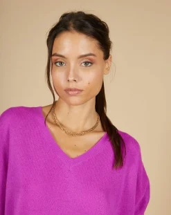 Cashmere Tribu Pulls|Pull poncho 100% Cachemire Kelly col V manches courtes violet fluo