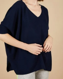 Cashmere Tribu Pulls|Pull poncho 100% Cachemire Kelly col V manches courtes bleu nuit