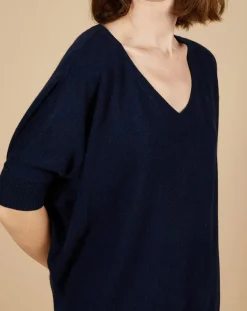 Cashmere Tribu Pulls|Pull poncho 100% Cachemire Kelly col V manches courtes bleu nuit