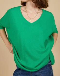 Cashmere Tribu Pulls|Pull poncho 100% Cachemire Kelly col V manches courtes émeraude