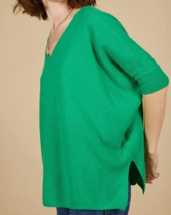 Cashmere Tribu Pulls|Pull poncho 100% Cachemire Kelly col V manches courtes émeraude