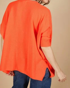 Cashmere Tribu Pulls|Pull poncho 100% Cachemire Kelly col V manches courtes corail fluo