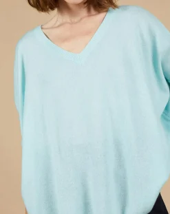 Cashmere Tribu Pulls|Pull poncho 100% Cachemire Kelly col V manches courtes bleu océan