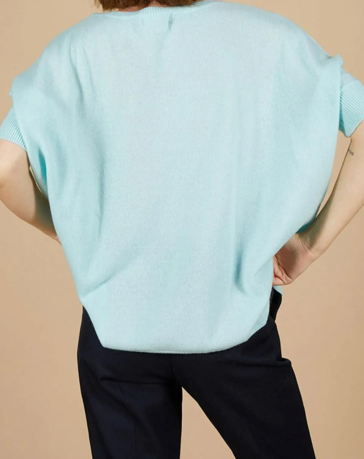 Cashmere Tribu Pulls|Pull poncho 100% Cachemire Kelly col V manches courtes bleu océan