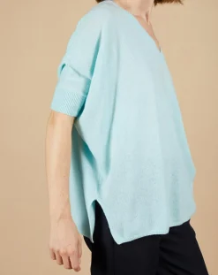Cashmere Tribu Pulls|Pull poncho 100% Cachemire Kelly col V manches courtes bleu océan