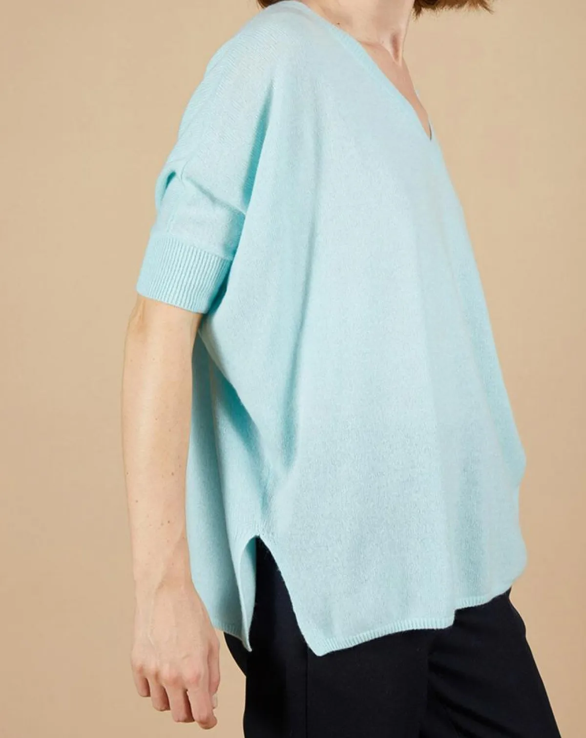 Cashmere Tribu Pulls|Pull poncho 100% Cachemire Kelly col V manches courtes bleu océan