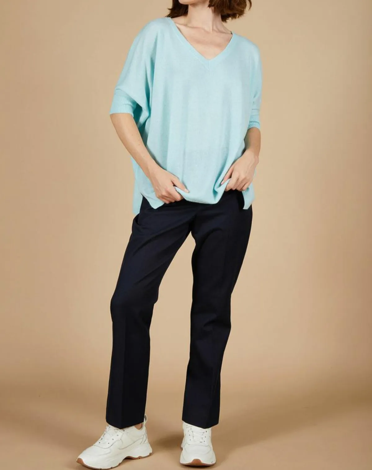 Cashmere Tribu Pulls|Pull poncho 100% Cachemire Kelly col V manches courtes bleu océan