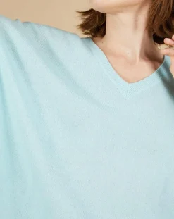 Cashmere Tribu Pulls|Pull poncho 100% Cachemire Kelly col V manches courtes bleu océan