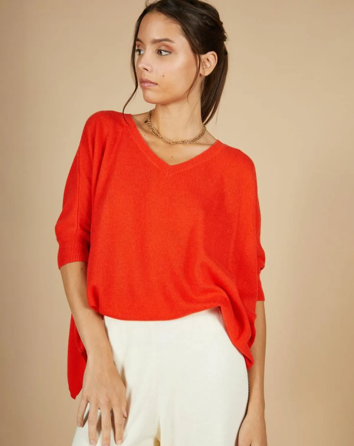 Cashmere Tribu Pulls|Pull poncho 100% Cachemire Kelly col V manches courtes orange