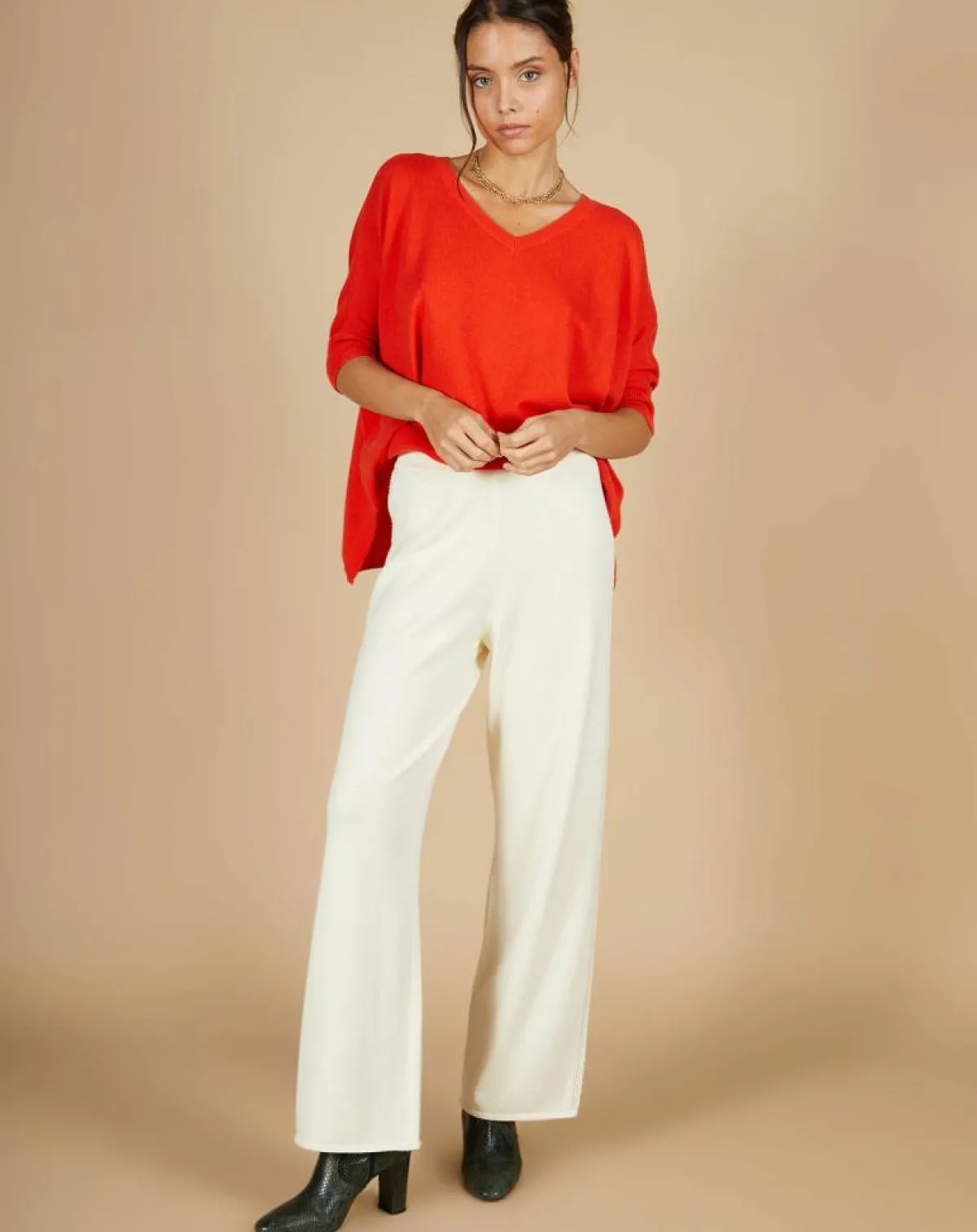 Cashmere Tribu Pulls|Pull poncho 100% Cachemire Kelly col V manches courtes orange