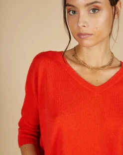 Cashmere Tribu Pulls|Pull poncho 100% Cachemire Kelly col V manches courtes orange