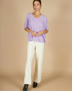 Cashmere Tribu Pulls|Pull poncho 100% Cachemire Kelly col V manches courtes lavande