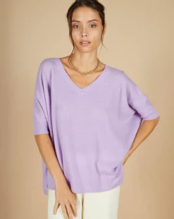Cashmere Tribu Pulls|Pull poncho 100% Cachemire Kelly col V manches courtes lavande