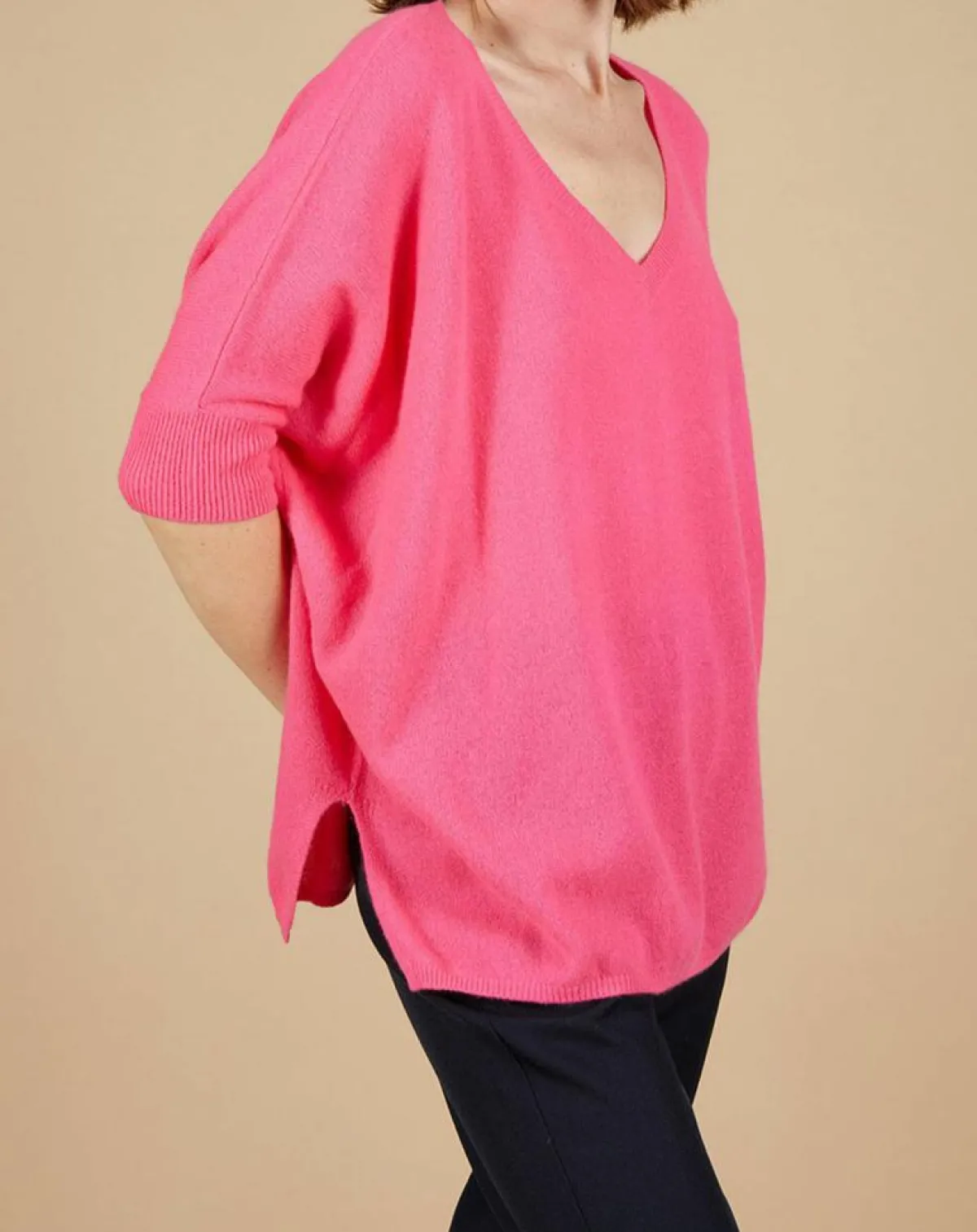 Cashmere Tribu Pulls|Pull poncho 100% Cachemire Kelly col V manches courtes tulipe