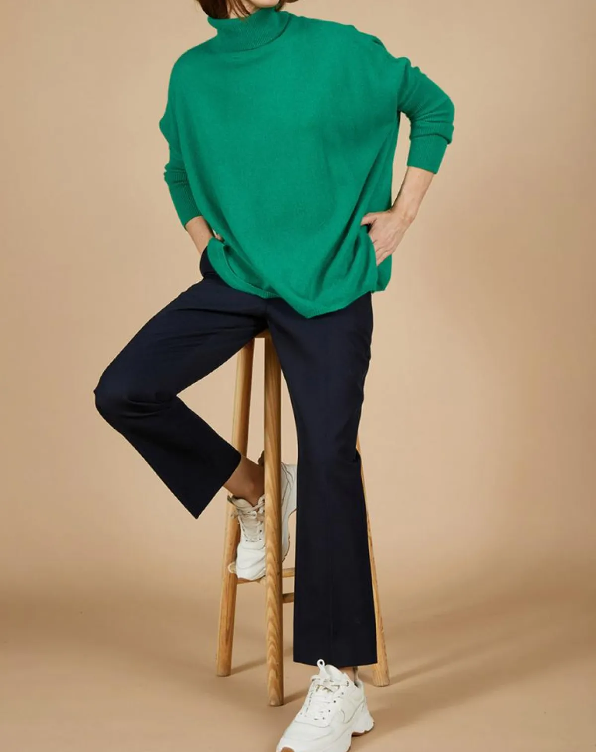 Cashmere Tribu Pulls|Pull poncho 100% Cachemire Lola col roulé vert impérial