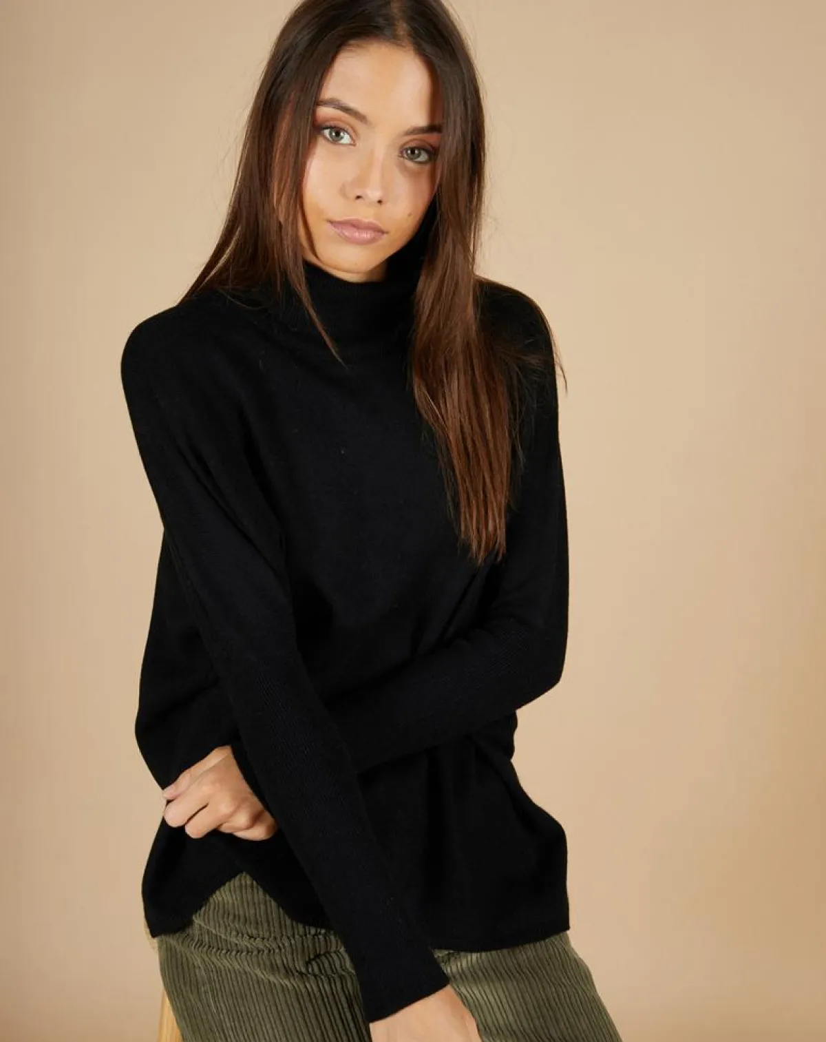 Cashmere Tribu Pulls|Pull poncho 100% Cachemire Lola col roulé noir