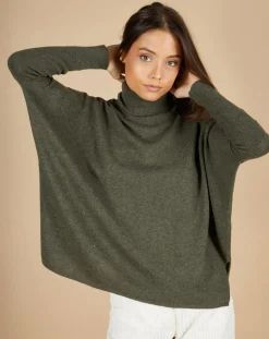 Cashmere Tribu Pulls|Pull poncho 100% Cachemire Lola col roulé kaki grisé