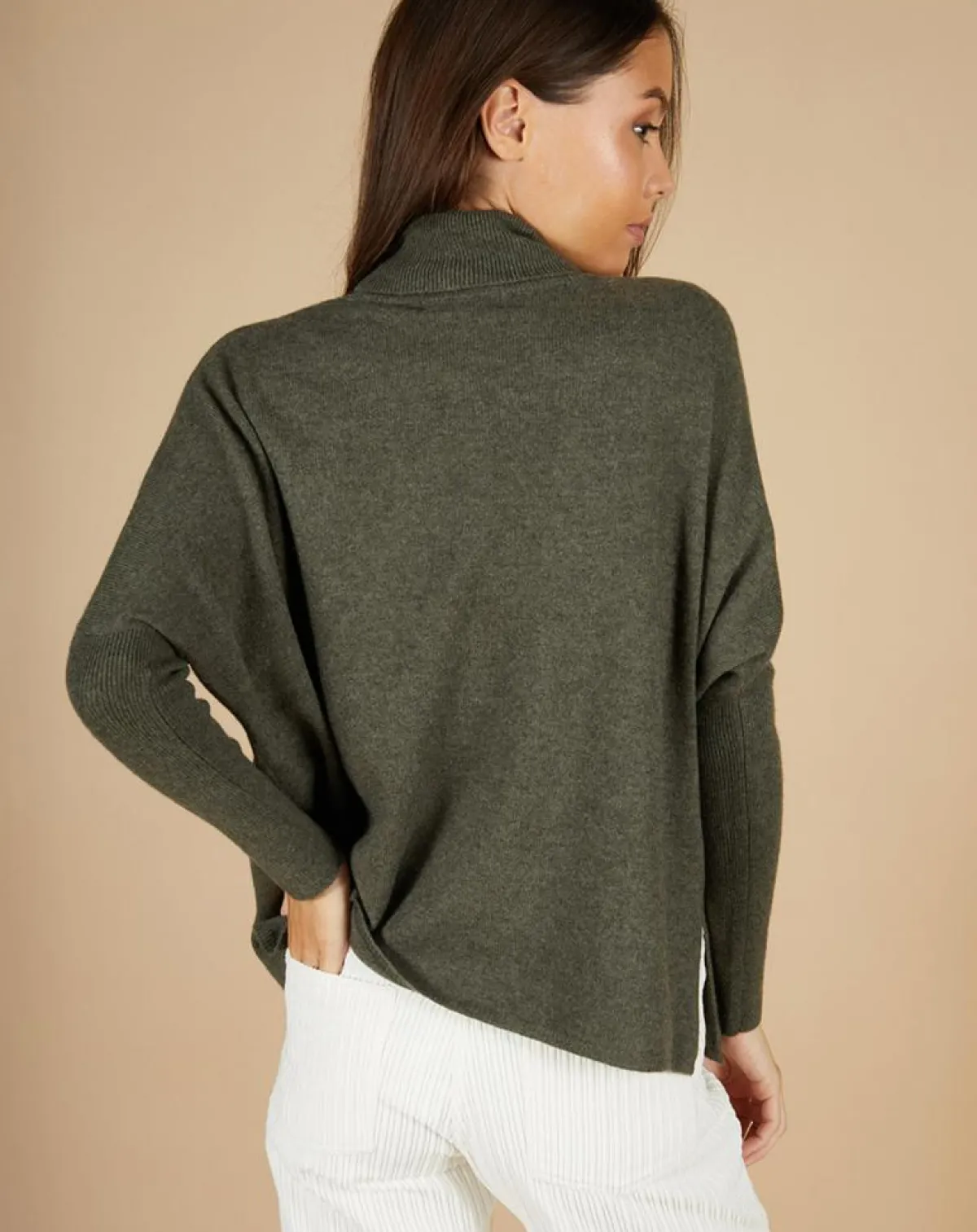 Cashmere Tribu Pulls|Pull poncho 100% Cachemire Lola col roulé kaki grisé