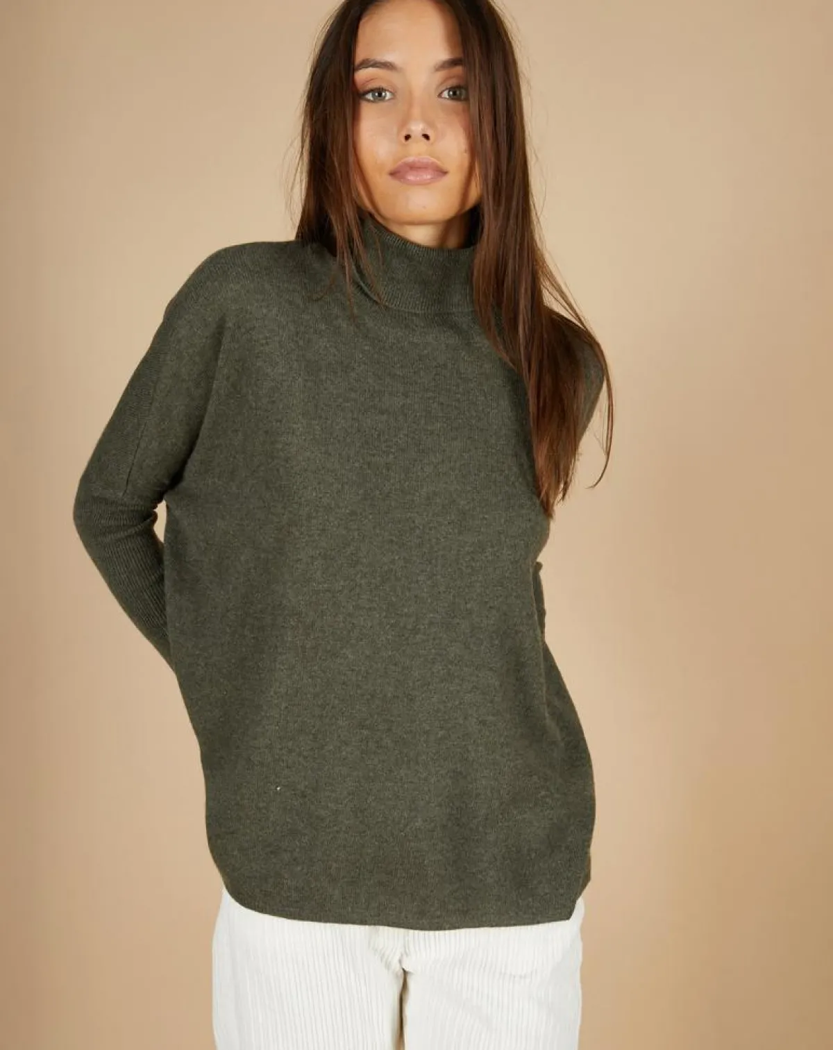 Cashmere Tribu Pulls|Pull poncho 100% Cachemire Lola col roulé kaki grisé