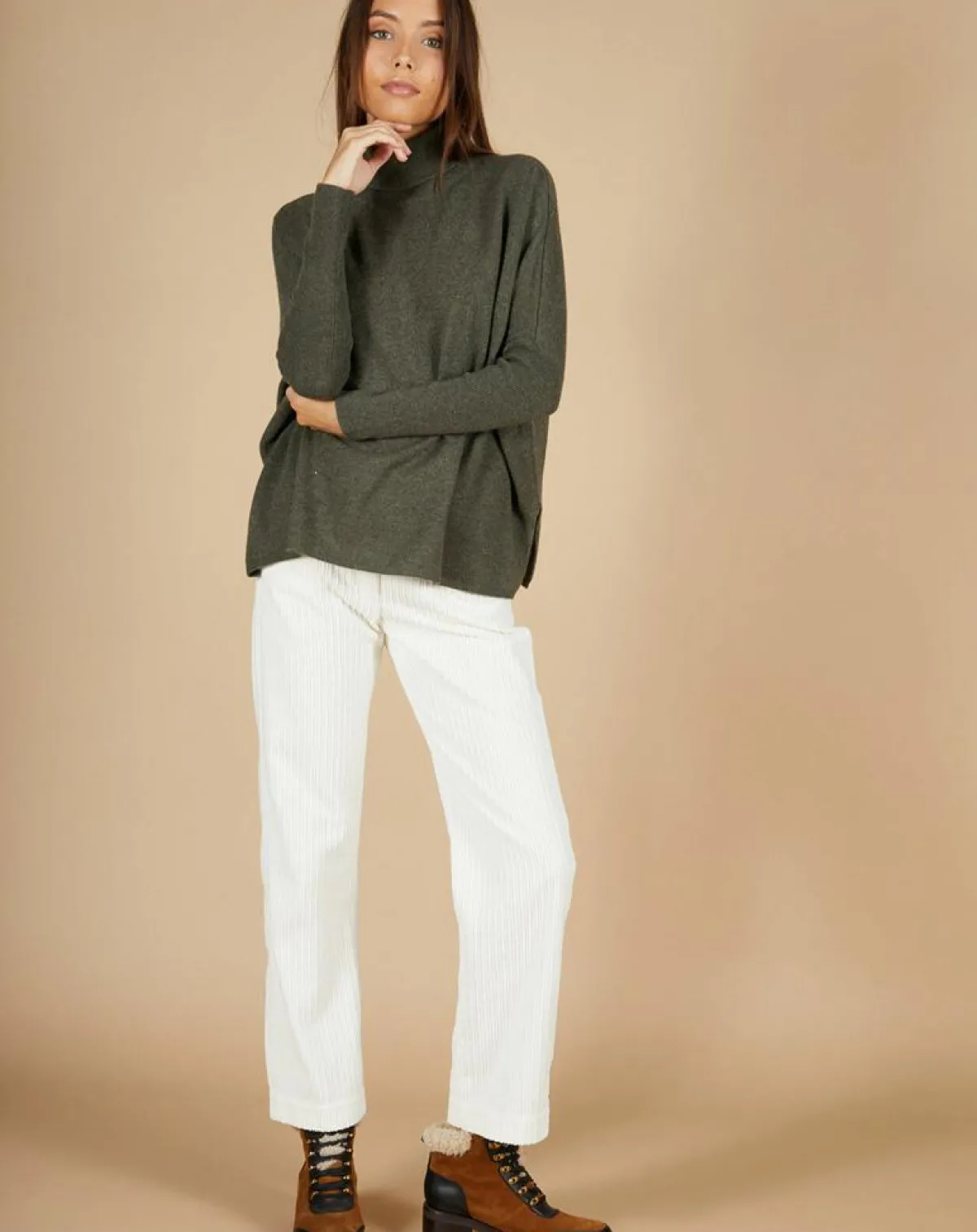 Cashmere Tribu Pulls|Pull poncho 100% Cachemire Lola col roulé kaki grisé