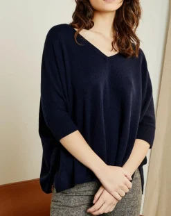 Miss Cashmere Pulls|Pull poncho 100% Cachemire Marilyn Col V bleu profond