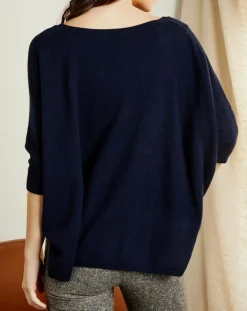 Miss Cashmere Pulls|Pull poncho 100% Cachemire Marilyn Col V bleu profond