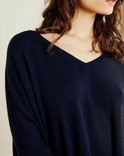 Miss Cashmere Pulls|Pull poncho 100% Cachemire Marilyn Col V bleu profond