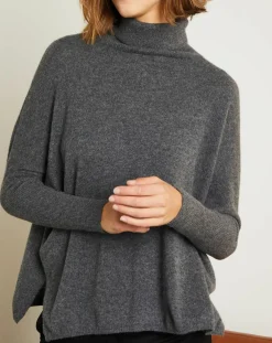 Miss Cashmere Pulls|Pull poncho 100% Cachemire Olivia Col roulé gris chiné foncé
