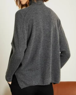 Miss Cashmere Pulls|Pull poncho 100% Cachemire Olivia Col roulé gris chiné foncé