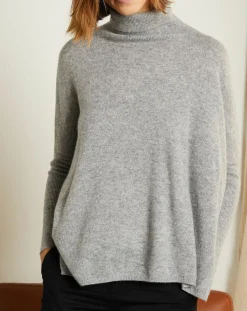 Miss Cashmere Pulls|Pull poncho 100% Cachemire Olivia Col roulé gris chiné clair