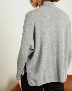 Miss Cashmere Pulls|Pull poncho 100% Cachemire Olivia Col roulé gris chiné clair