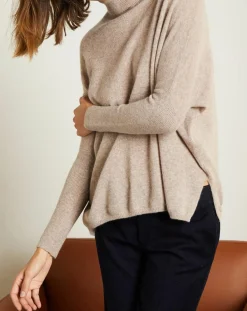 Miss Cashmere Pulls|Pull poncho 100% Cachemire Olivia Col roulé taupe chiné