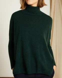Miss Cashmere Pulls|Pull poncho 100% Cachemire Olivia Col roulé vert forêt