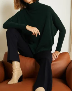 Miss Cashmere Pulls|Pull poncho 100% Cachemire Olivia Col roulé vert forêt
