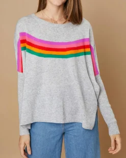 Cashmere Tribu Pulls|Pull poncho 100% Cachemire Rocky col rond à bandes gris chiné clair