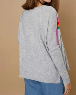 Cashmere Tribu Pulls|Pull poncho 100% Cachemire Rocky col rond à bandes gris chiné clair