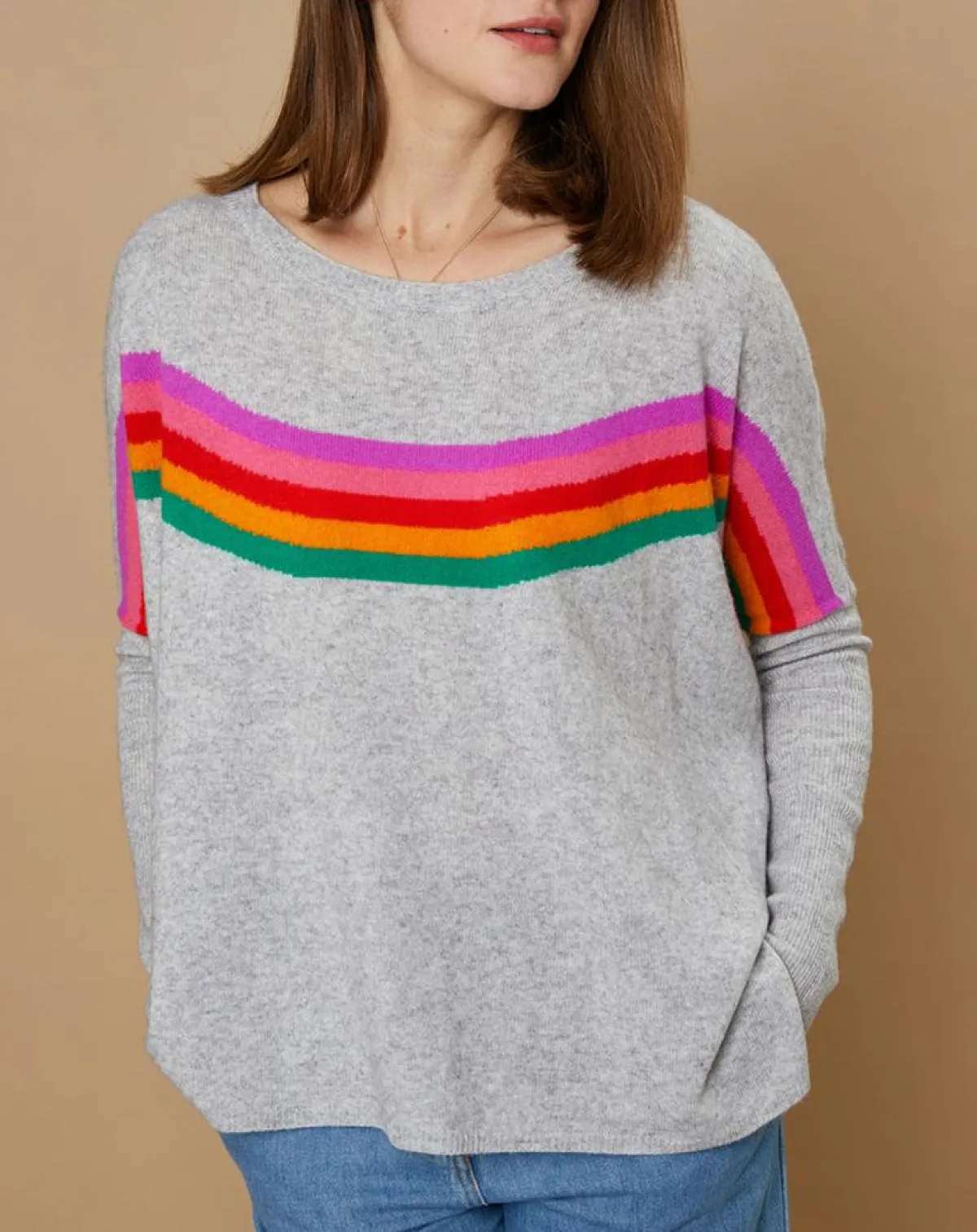 Cashmere Tribu Pulls|Pull poncho 100% Cachemire Rocky col rond à bandes gris chiné clair