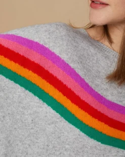 Cashmere Tribu Pulls|Pull poncho 100% Cachemire Rocky col rond à bandes gris chiné clair