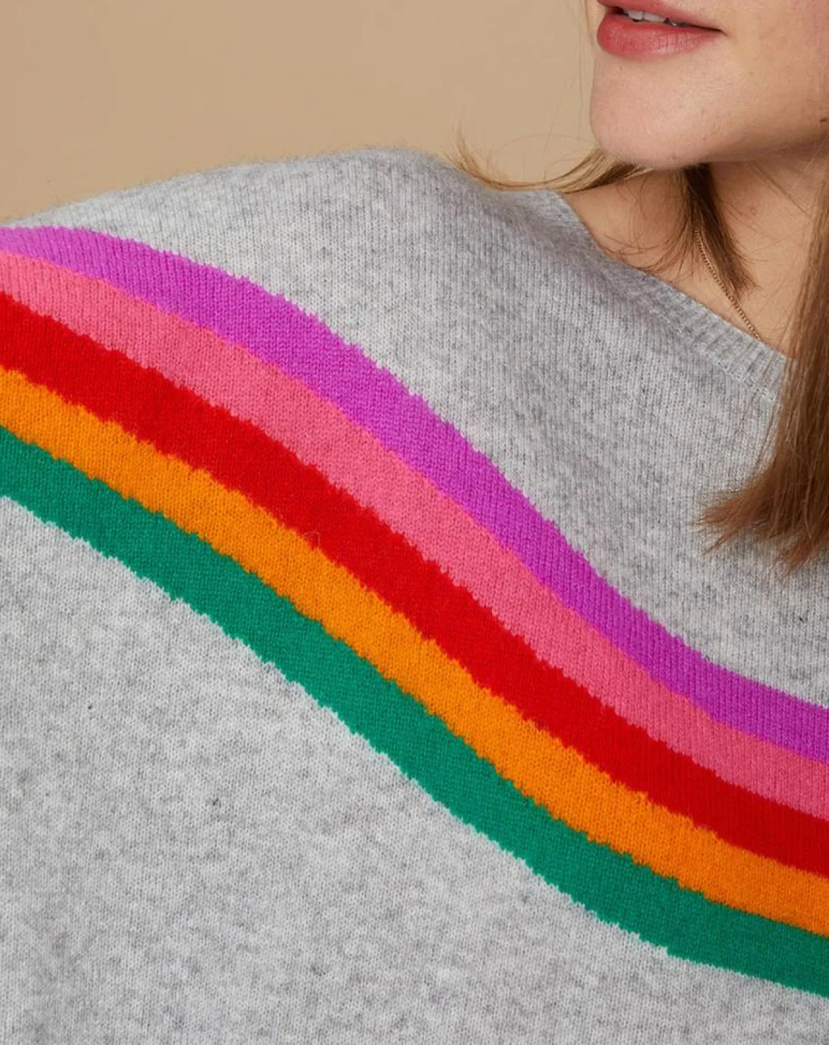 Cashmere Tribu Pulls|Pull poncho 100% Cachemire Rocky col rond à bandes gris chiné clair