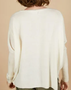 Cashmere Tribu Pulls|Pull poncho 100% Cachemire Rocky col rond à bandes blanc cassé