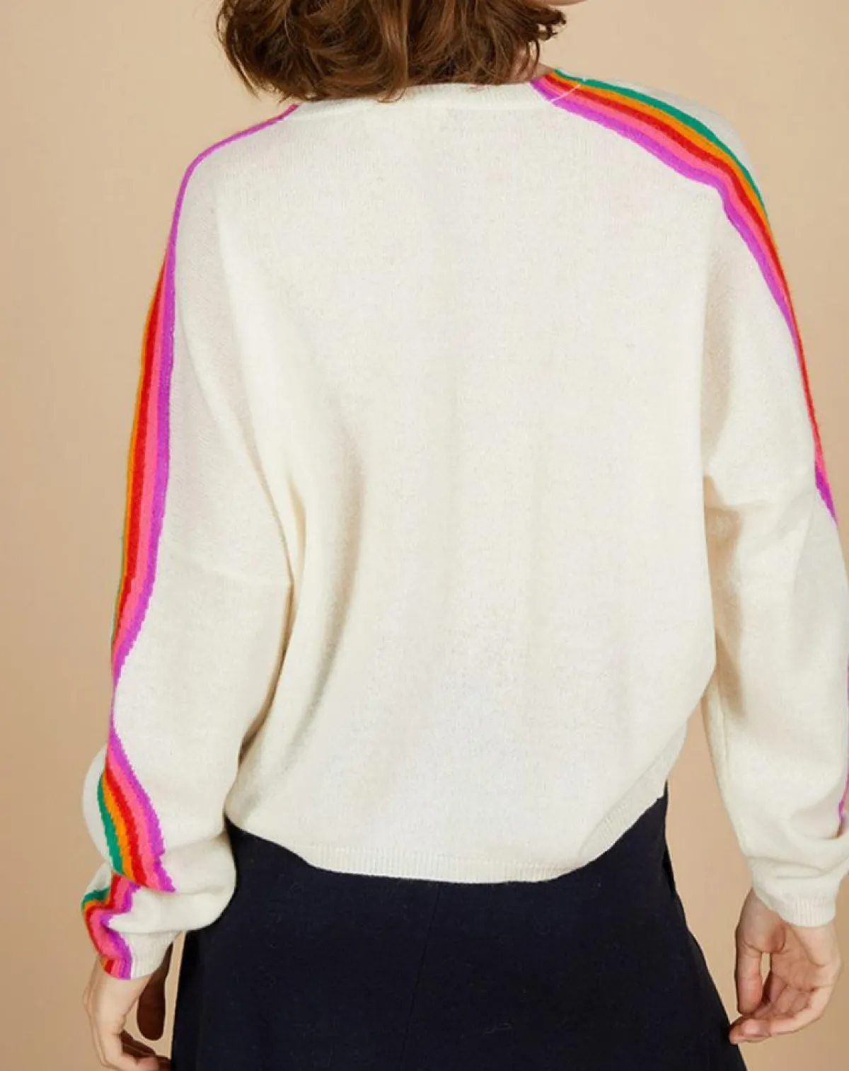 Cashmere Tribu Pulls|Pull poncho 100% Cachemire Wimbow col V à bandes manches blanc cassé