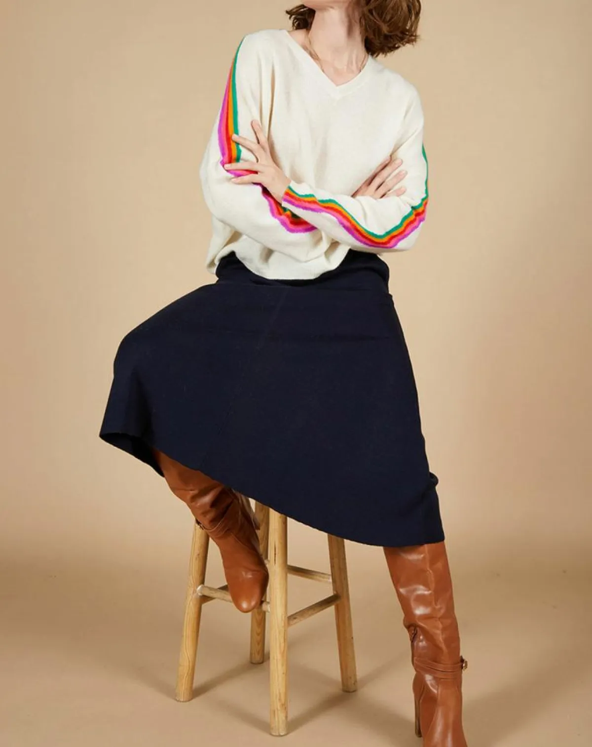 Cashmere Tribu Pulls|Pull poncho 100% Cachemire Wimbow col V à bandes manches blanc cassé