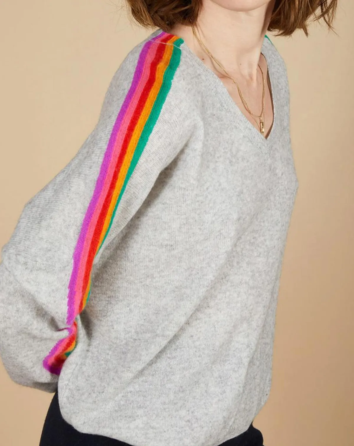 Cashmere Tribu Pulls|Pull poncho 100% Cachemire Wimbow col V à bandes manches gris chiné clair