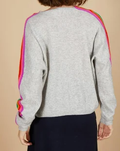 Cashmere Tribu Pulls|Pull poncho 100% Cachemire Wimbow col V à bandes manches gris chiné clair