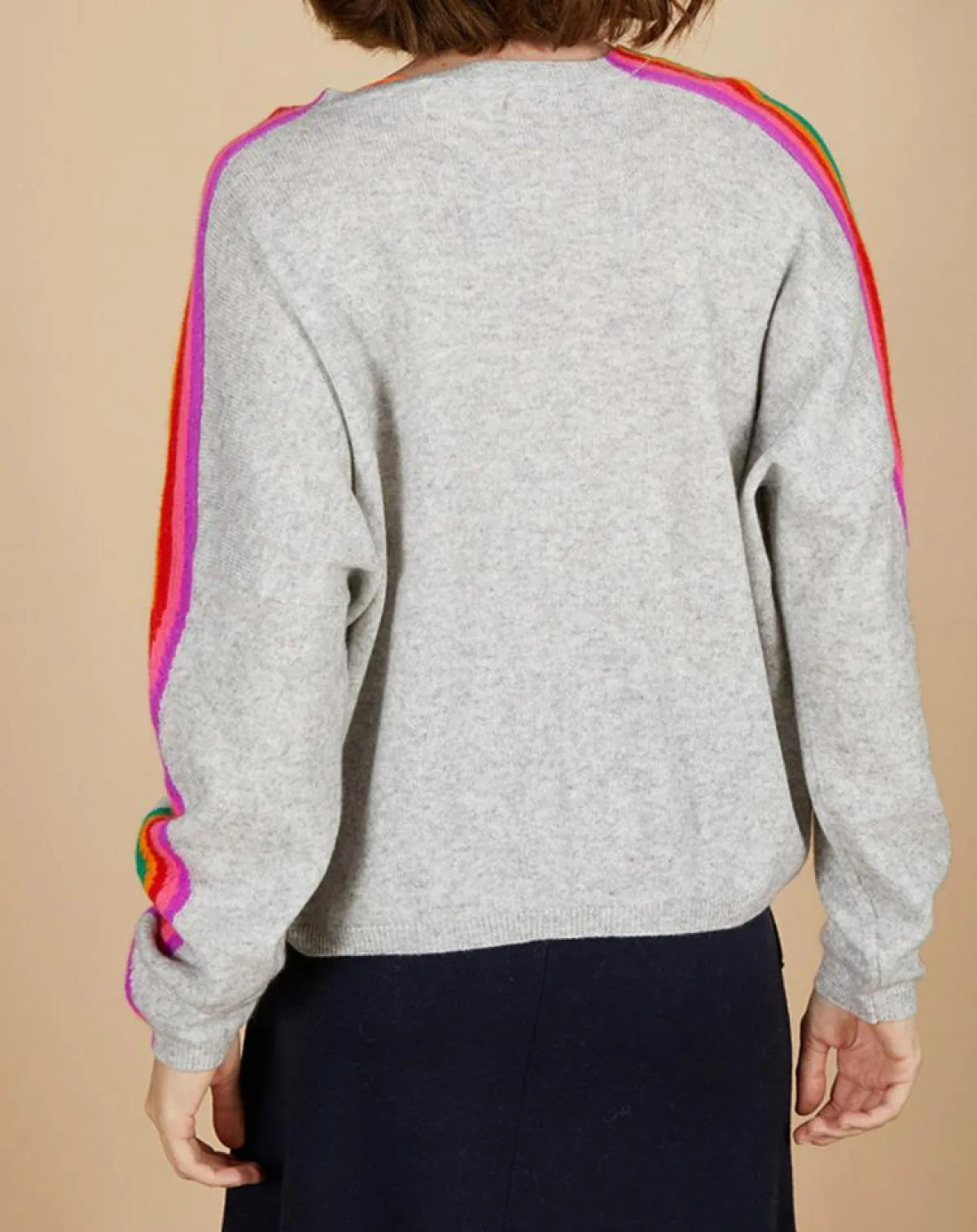 Cashmere Tribu Pulls|Pull poncho 100% Cachemire Wimbow col V à bandes manches gris chiné clair