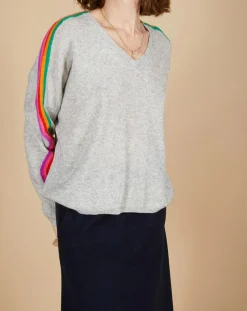 Cashmere Tribu Pulls|Pull poncho 100% Cachemire Wimbow col V à bandes manches gris chiné clair