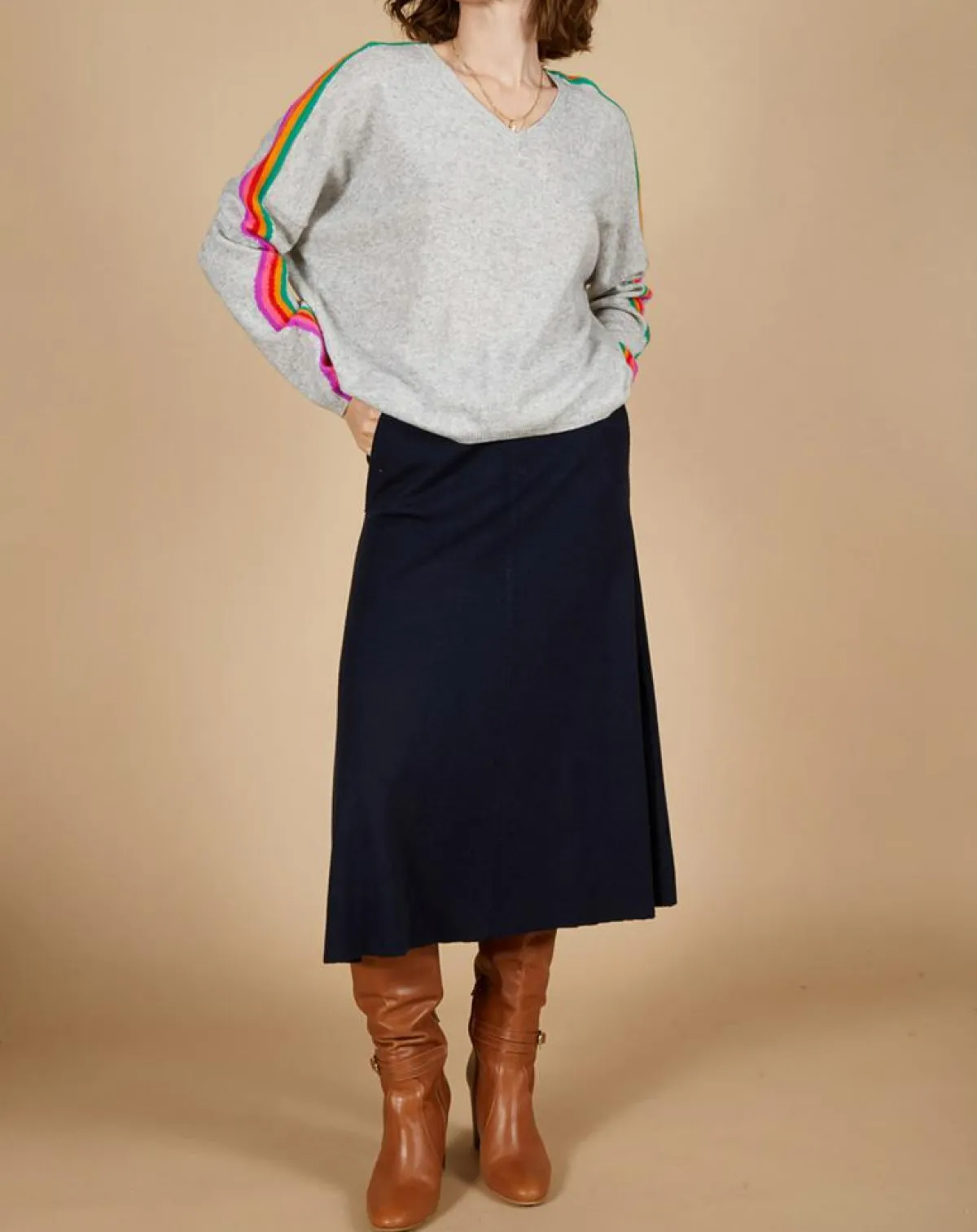 Cashmere Tribu Pulls|Pull poncho 100% Cachemire Wimbow col V à bandes manches gris chiné clair